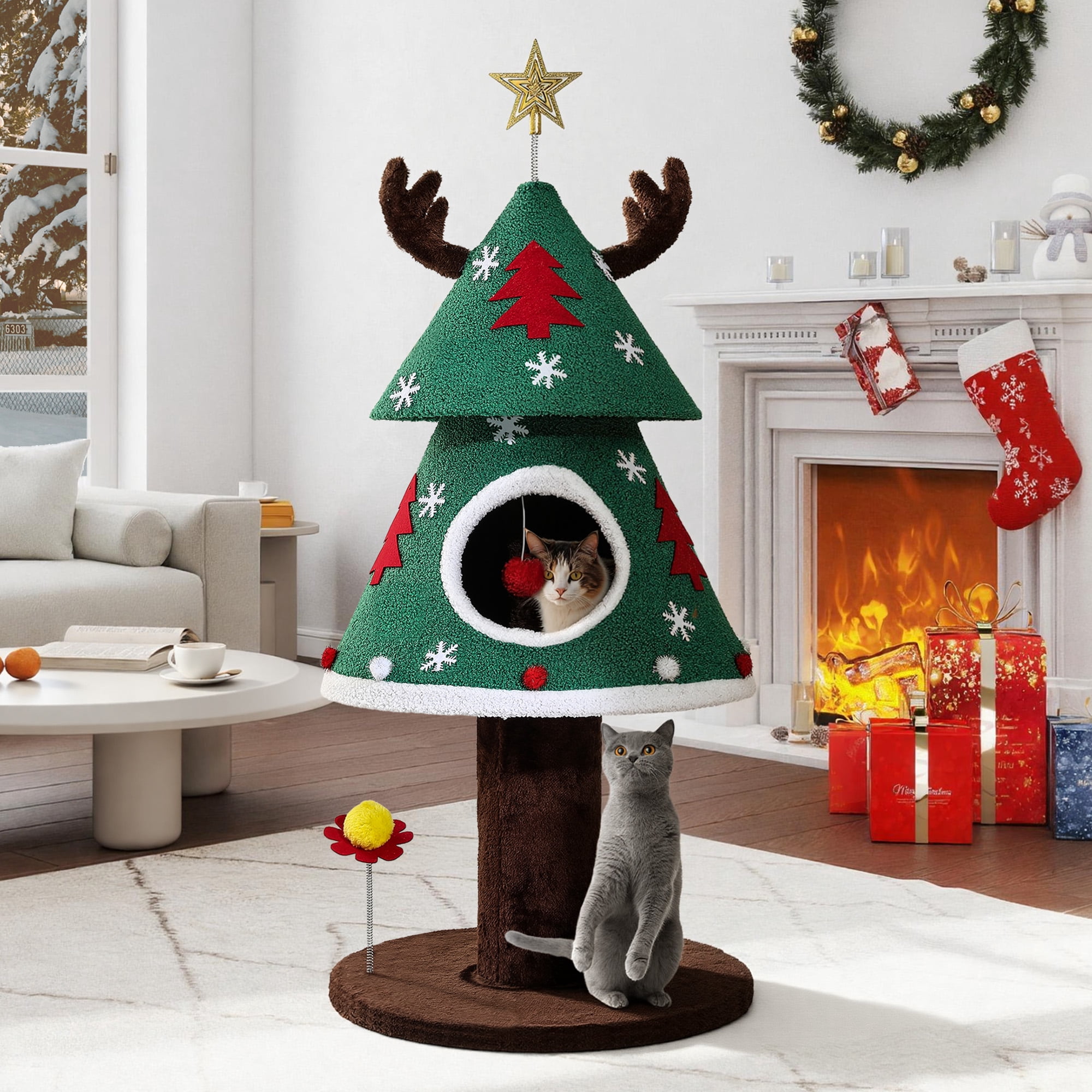 Dextrus 47" Christmas Cat Tree and Tower Condo  with Balls & Cat Teaser, Cat Furniture for Small Cats, Green