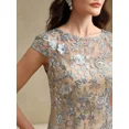 thumbnail image 3 of Elegant Silver Floral Mesh Sequin Short Sleeve Midi Dress For Formal, 3 of 7
