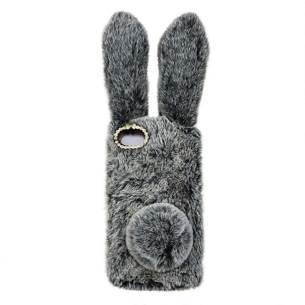 Dark Grey Adorable Plush Rabbit Design Phone Case Rhinestone Frame Phone Shell Fashion Shockproof Cover Compatible with Apple iPhone SE 2020