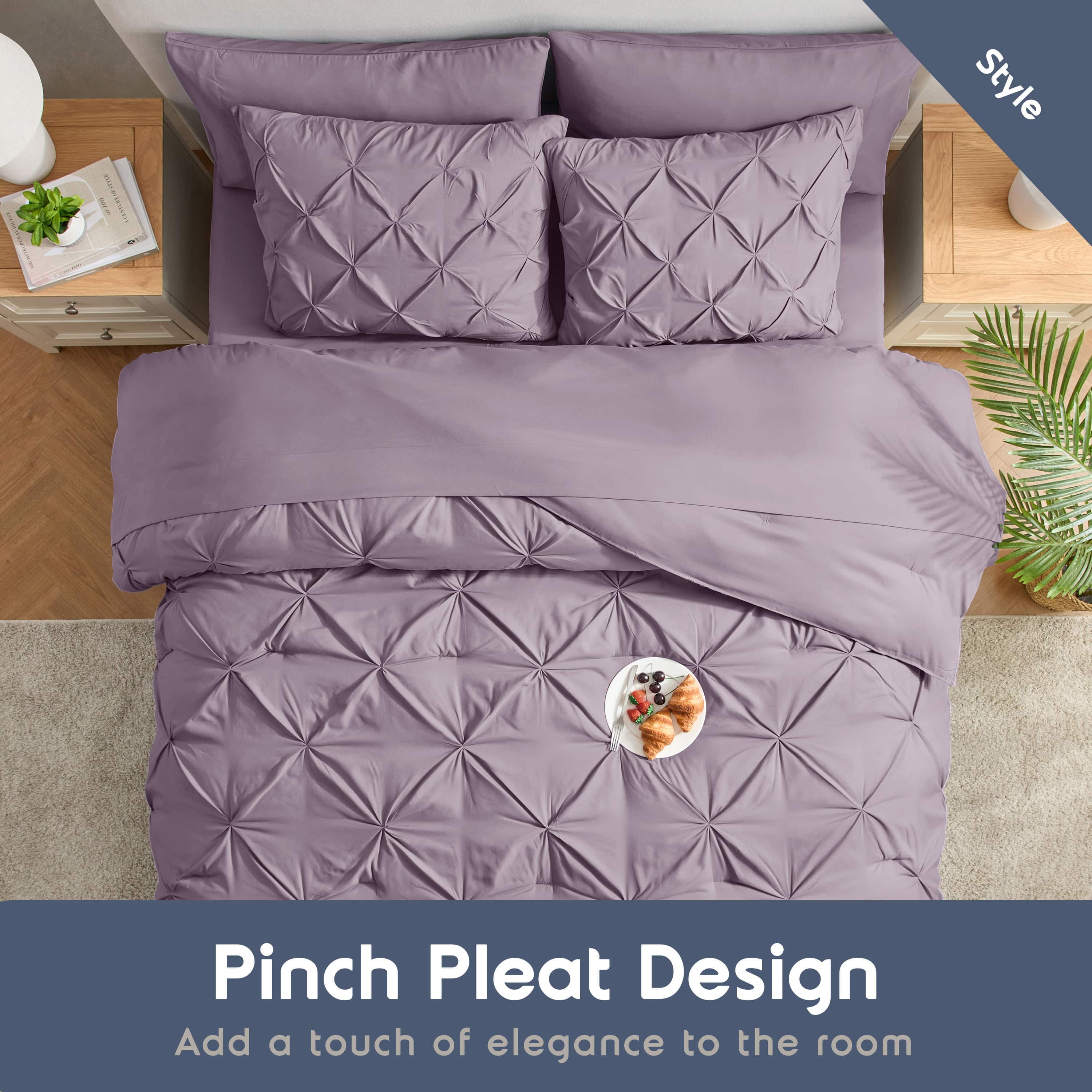 LammaLoe Twin XL Comforter Sets, 5 Piece Bed In A Bag Pintuck Bedding Sets, Dusty Purple