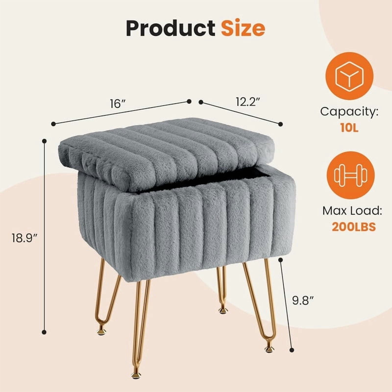 Kelno 18.9" Faux Fur Vanity Stool with Hidden Storage Soft Padded Ottoman Footrest with Metal Legs Antislip Adjustable Feet, Gray