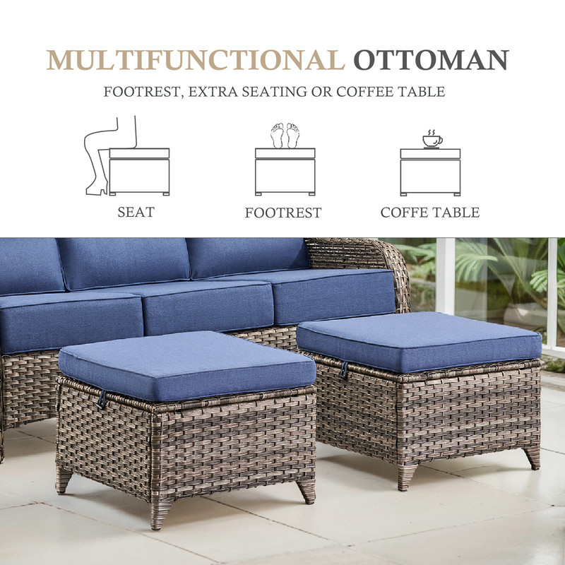 Outdoor Conversation Sets 5-Piece Patio Wicker Rattan Furniture Set with Swivel Rocking Chairs, Ottomans, Side Table and Upgrade 6" Cushions for Balcony Deck Backyard, Blue