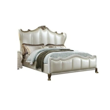 Ally California King Bed, White Faux Leather Victorian Carved, Silver