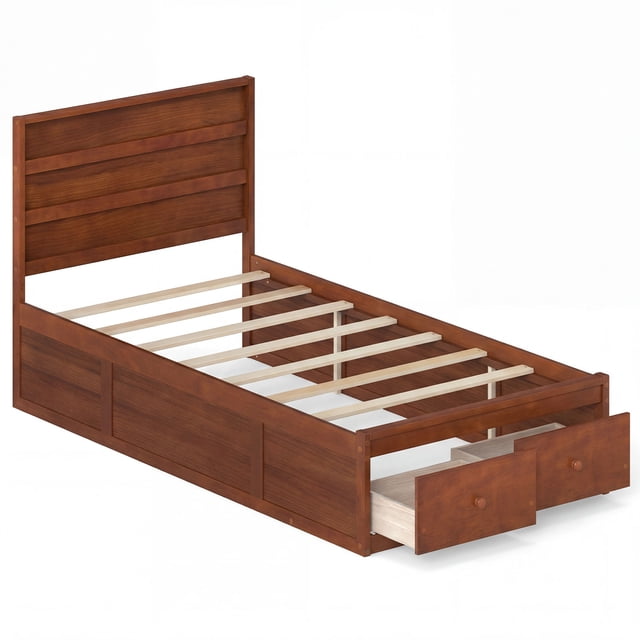 Gymax Twin Size Bed Frame w/Storage Drawers Headboard Wooden Slat&Enclosed Base Walnut