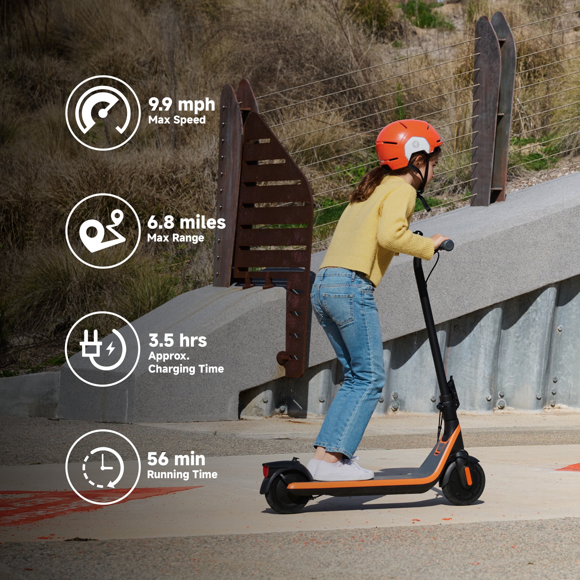 Segway C2 Kids Electric Scooter, 9.9 mph Max Speed, 6.8 Miles Max Range, Ages 6+, Orange