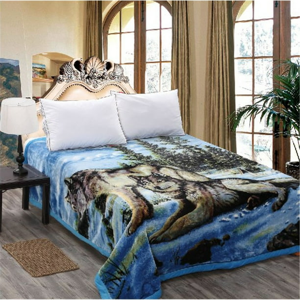 Home Bedroom Soft Microplush Mink Blanket Winter Wolf Printed Warm Raschel Plush Blanket For Bed Queen Size 75" x 87",5lb