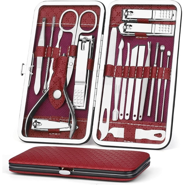 Kit de manicura y pedicura, cortaúñas de 19 piezas, cizalla para uñas, se puede llevar a casa o de viaje, herramientas de cizalla de acero inoxidable, kit de manicura para hombres y mujeres