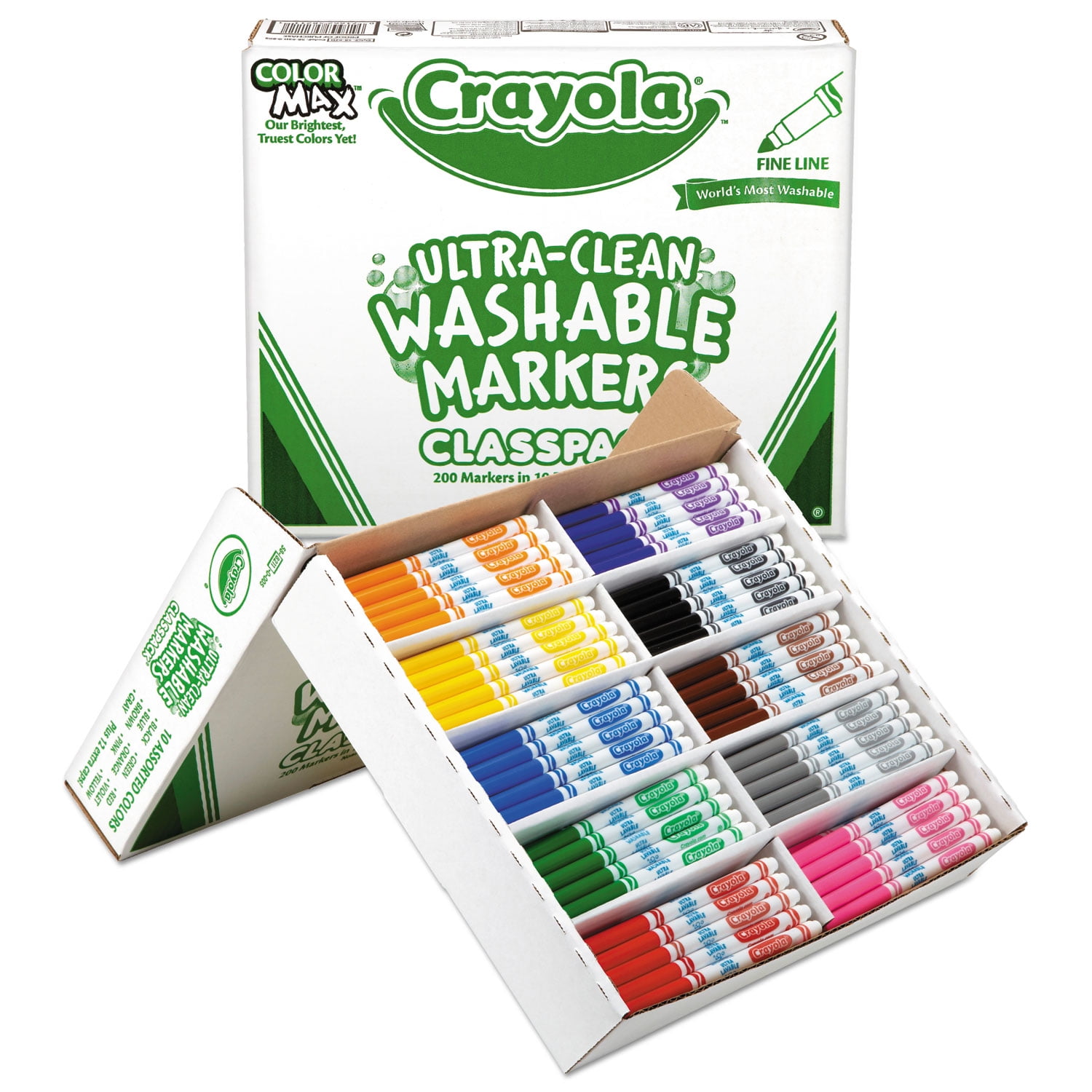Crayola Ultra-Clean Washable Marker Classpack, Fine Line, Assorted Colors, 200/Pack (588211)
