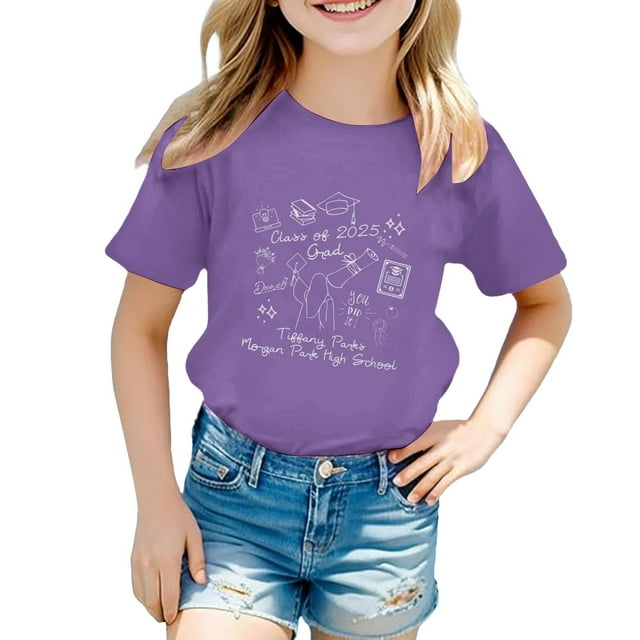 LUOGENLI T-Shirt pour Filles T-Shirt Décontracté pour Enfants Mode de Remise des Diplômes Imprimé Col Rond T-Shirt à Manches Courtes (3 13 Ans) Chemises pour Filles Longueur Midi Jean Violet 6-7 Ans