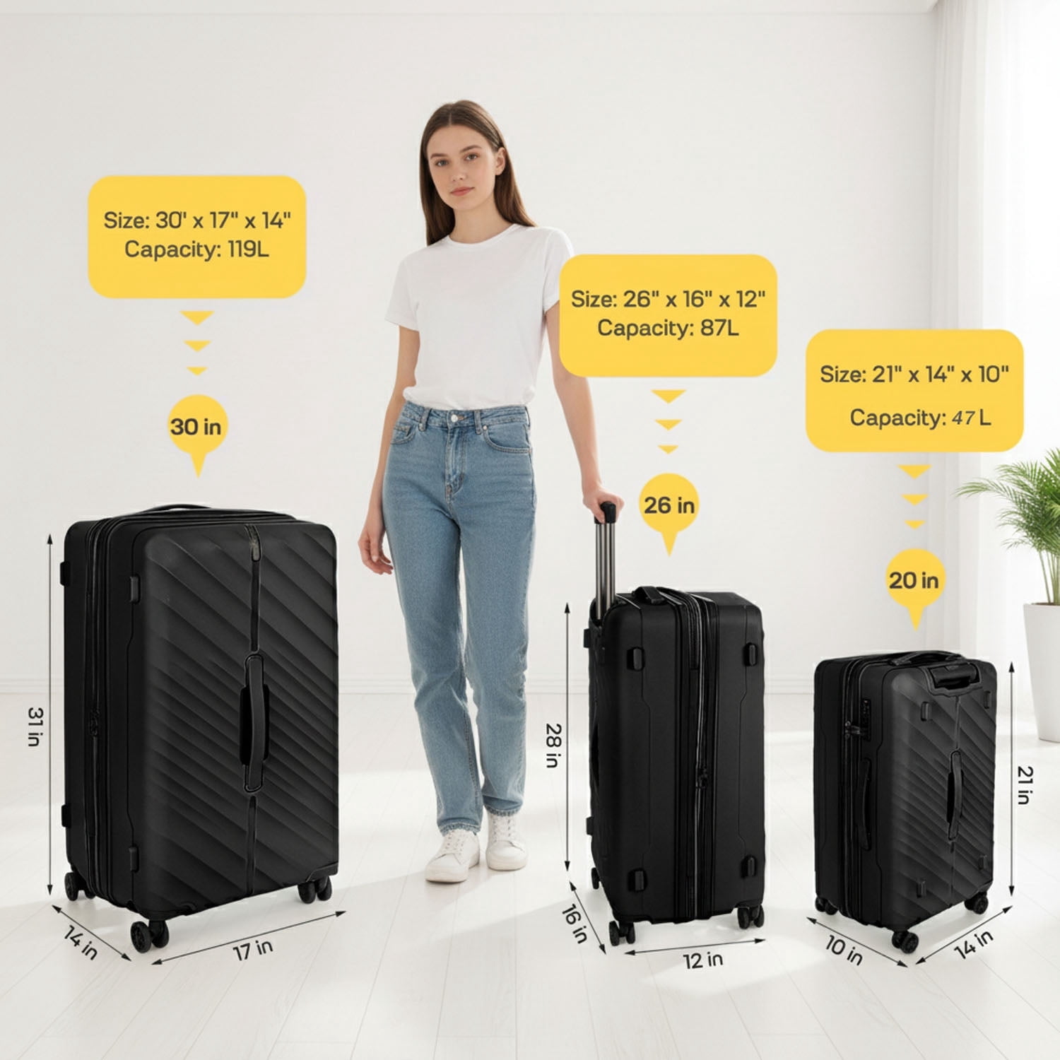 New York Xpress 3-Piece Hardside Luggage Set,20/26/30 Inch Expandable Spinner Suitcases w/TSA Lock, Black - DQ135