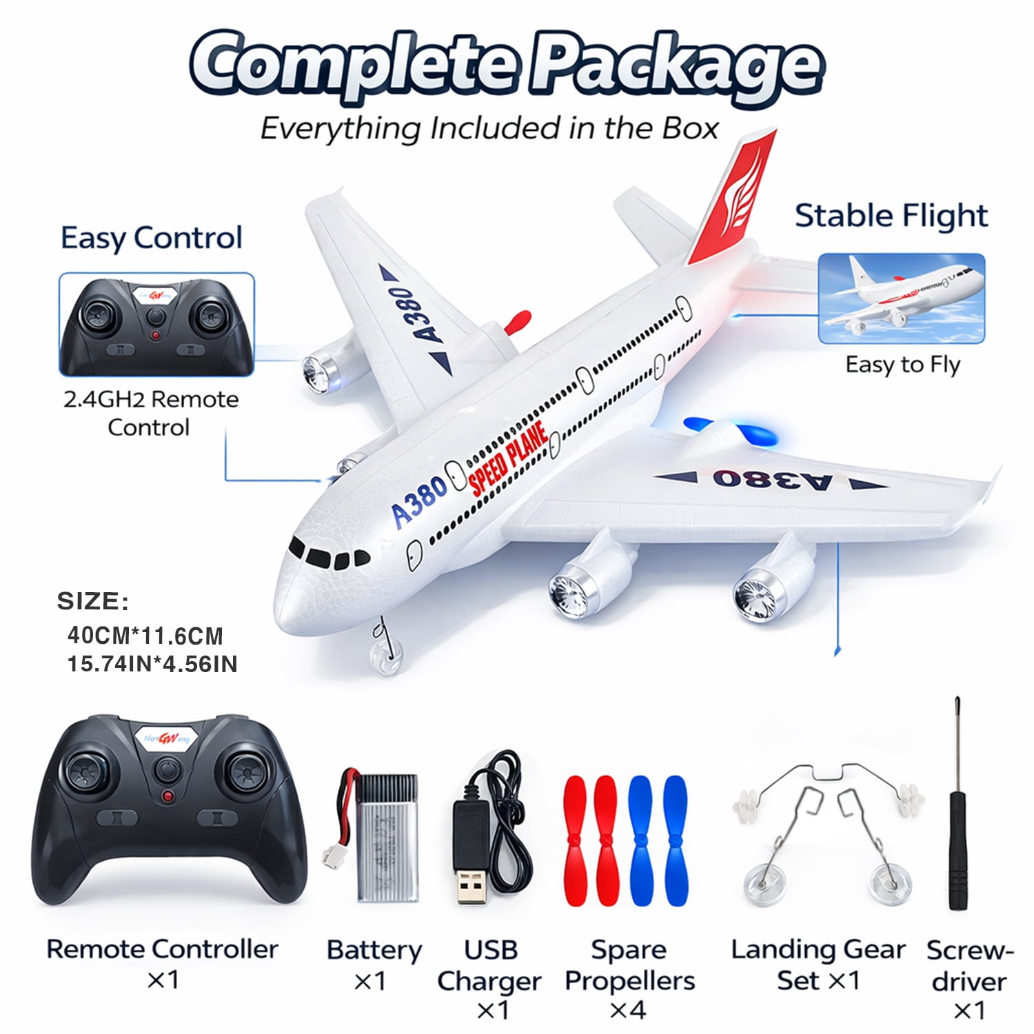 Remote Control Airplane A380 RC Plane 2.4GHz 2.5CH Foam Glider, Easy to Fly Beginner Aircraft Toy for Kids Adults