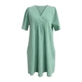 thumbnail image 5 of Tshirt Dress Women Cotton Linen Spring Summer Short Sleeve V Neck Smocked Loose Fit Flowy Midi Dress with Pockets, 5 of 5