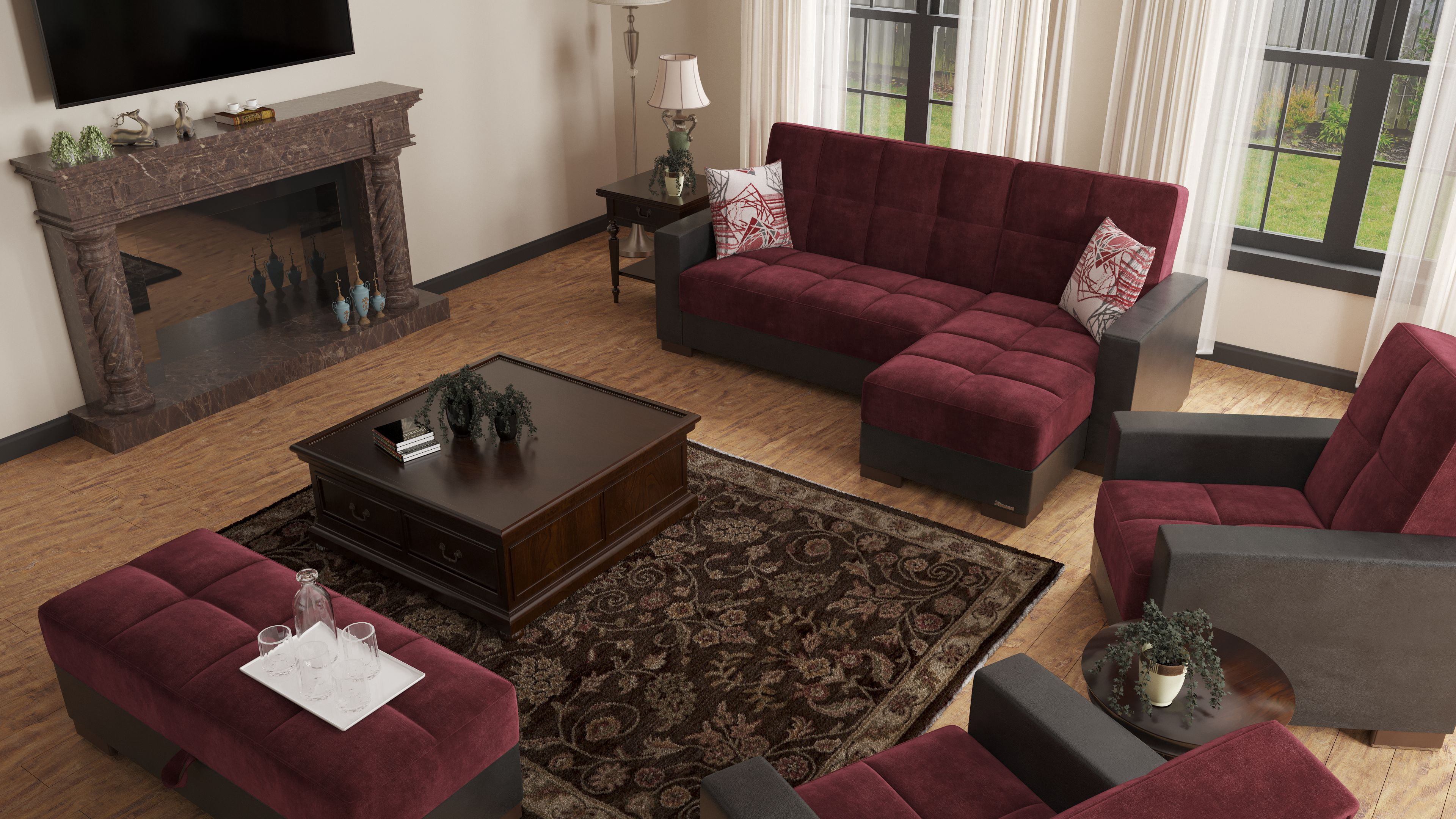 Ottomanson Origins Modern Convertible L-Shaped Sectional Sofa, Burgundy Color Microfiber