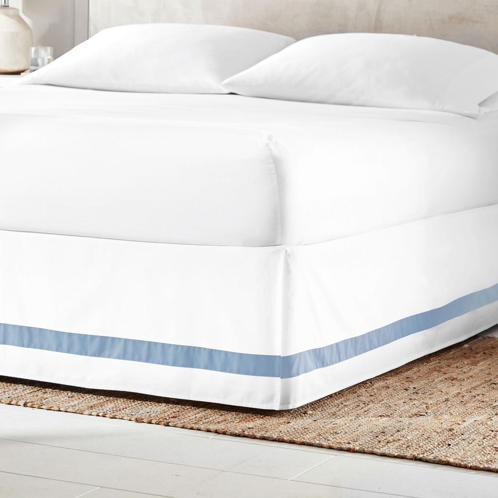 Everhome Emory Hotel Solid Border Bed Skirt, Tailored 15" Drop, White/Skyway Light Blue