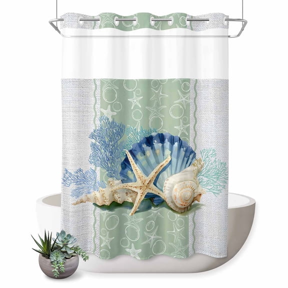 No Hook Shower Curtain, Blue Coastal Starfish Shower Curtains for Bathroom with See Through Top Window, Grey Sage Green Nautical Coral Summer Waterproof & Washable Bath Curtain Stall 48"x72"