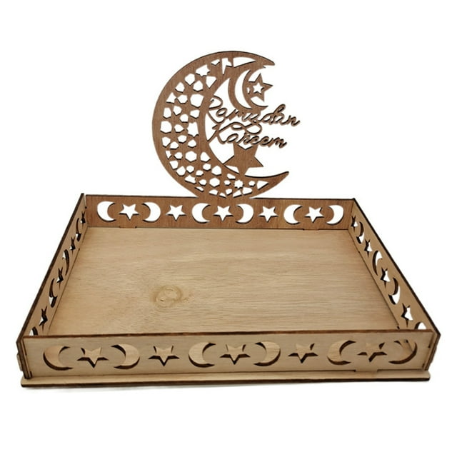 Bandeja Eid Mubarak, Plato de decoración de mesa Eid Mubarak de madera, Bandeja de pastelería de postre de decoración Ramazan para galletas de pastel de dulces de fiesta islámica