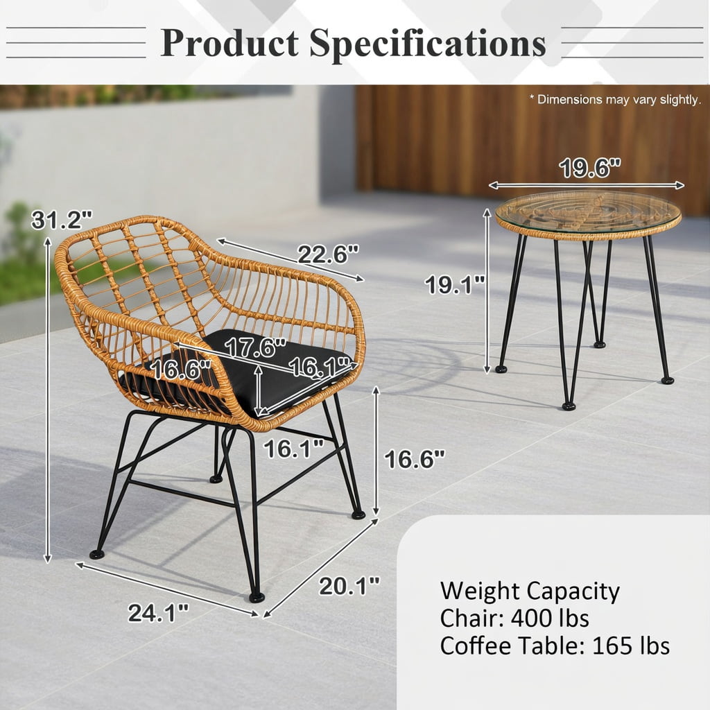 Hommoo 3-Piece Outdoor Rattan Furniture Set, 2 Armchairs + Coffee Table with Removable Cushions, Tempered Glass Top, Weather-Resistant Wicker & Steel Frame, Black
