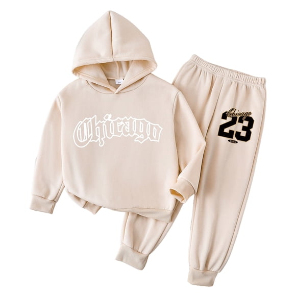 Caqnni Girls' Weekend Adventure Tracksuit: Functional Hoodie with Pockets and Tough Sweatpants for Camping, Biking, and Exploring(A01-Beige,3-4 Years)