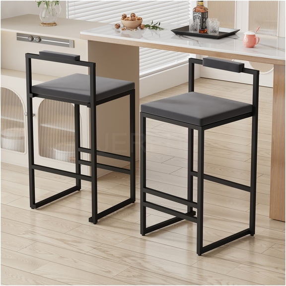 JERFIT Modern Velvet Counter Height Bar Stools Set of 2 with Backrest & Footrest, Gray Upholstered Metal Barstools for Kitchen Island, Dining, Home Bar