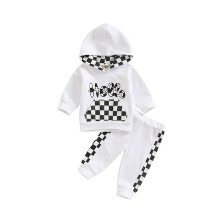 

Sunisery 2Pcs Toddler Baby Boys Girls Pants Outfits Plaid Long Sleeve Hooded Tops + Elastic Waist Trousers with Pockets White 12-18 Months
