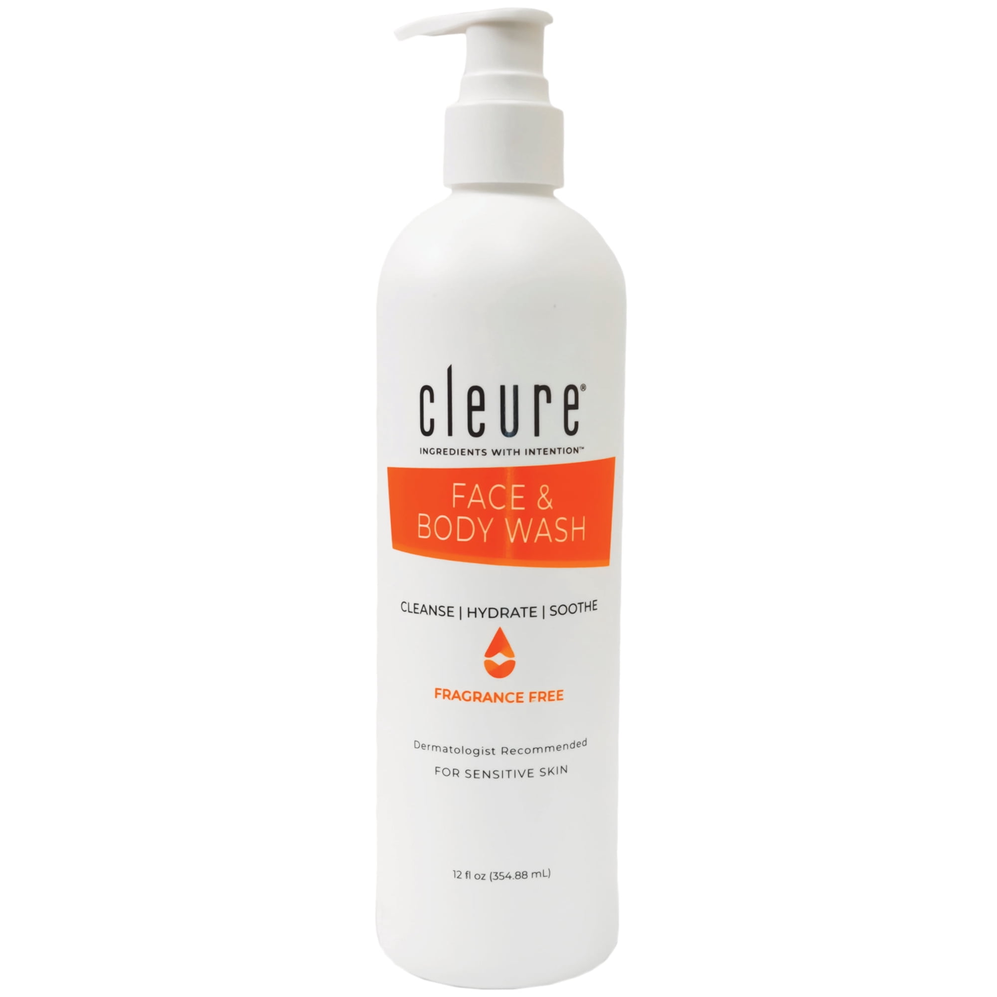 Cleure Fragrance Free Body Wash & Gentle Face Cleanser for Sensitive Skin, Hydrating, 12 oz Bottle