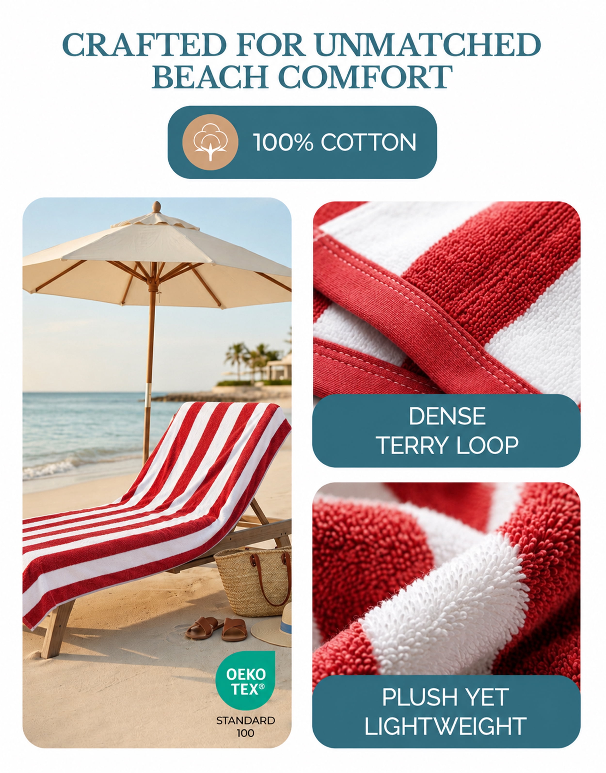 Casa Platino 100% Cotton Beach Towel - 2 Pack Cabana Stripe Large Beach Towel, Soft & Quick Dry Pool Towels, Beach Essentials For Women, Quick Dry Towel - Red