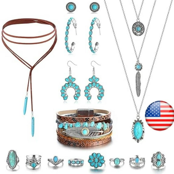 Western Jewelry for Women Turquoise Jewelry Set Vintage Earrings Bracelet Western Bohemian Necklace for Women Cowboy Cowgirls