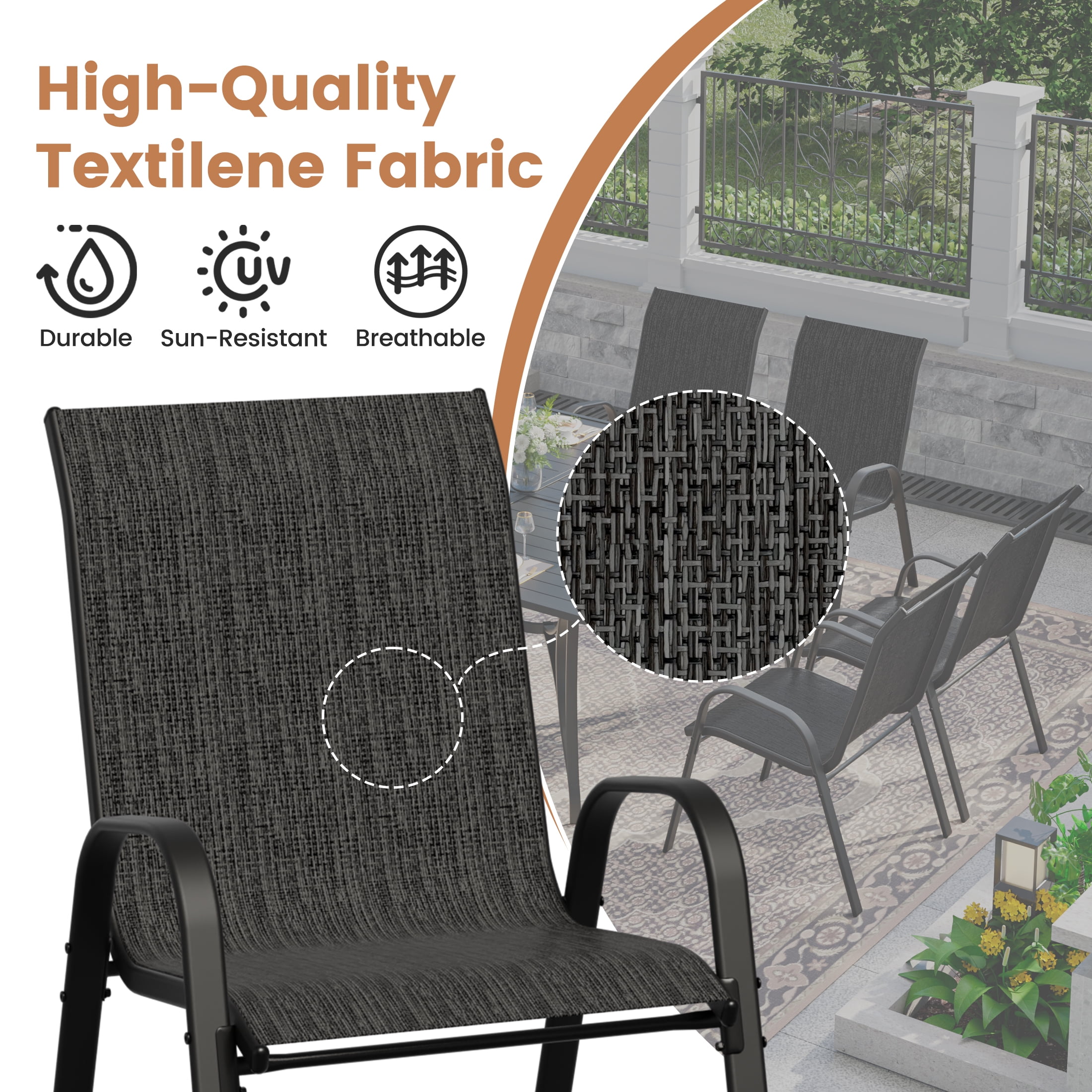 ELPOSUN 9-Piece Outdoor Patio Dining Set, 8 Textilene Chairs & Large Square Steel Table with Umbrella Hole, All-Weather Furniture for Garden, Balcony,Dark gray