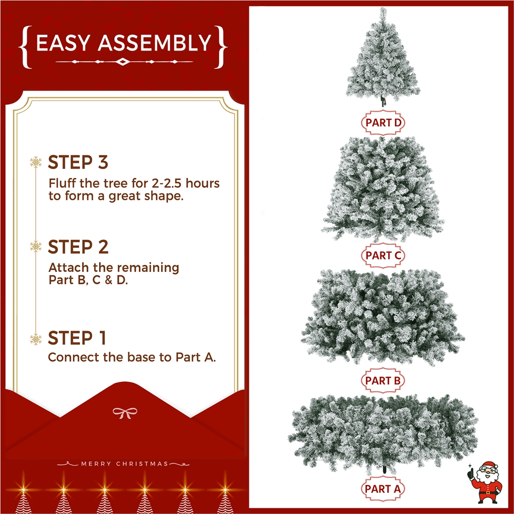 Alden Design 9 Ft Pre-Lit Flocked Artificial Christmas Tree with Foldable Stand, Green