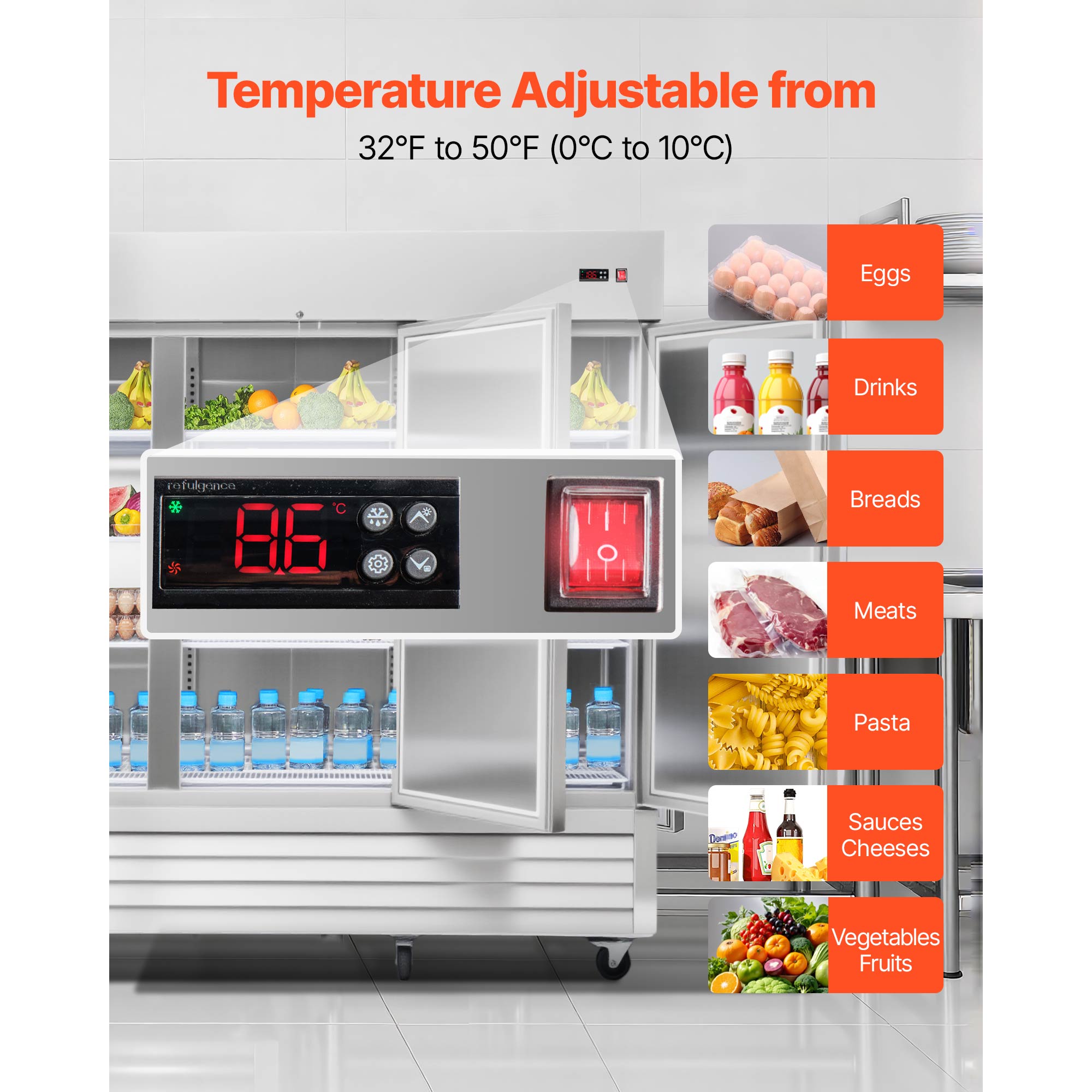 KFFKFF Commercial Stainless Steel Refrigerator, 85" Wide, 69 Cu.Ft Capacity, Three-Door Upright Design with Auto-Defrost, 12 Adjustable Shelves, Temperature Range 32-50℉, ETL Certified