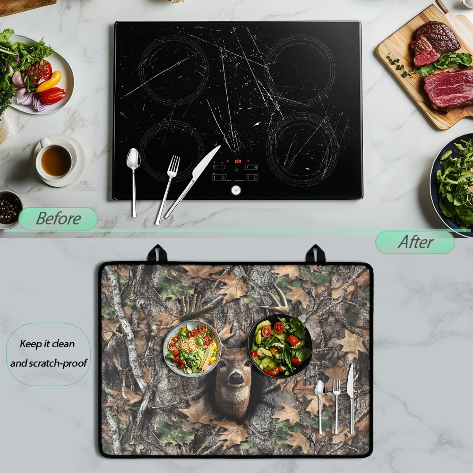 Renewold Electric Stove Top Cover for Cooktop, Induction Electric Stove Cover Anti-slip Glass Cooktop Mat Extra Large Flat Top Stove Mat Easy Storage, Deer Camo Hunting Forest Grey