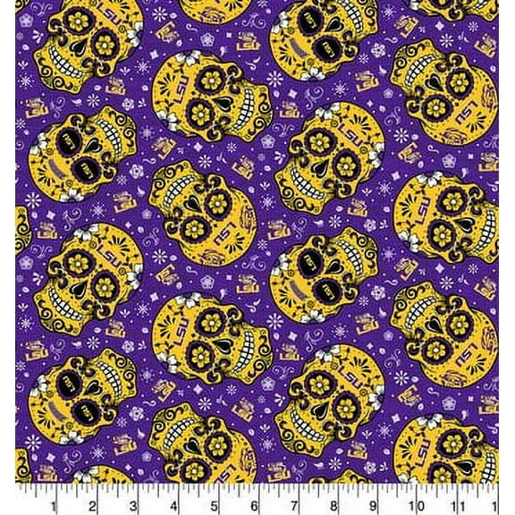 University of Louisiana LSU Sugar Skull Cotton Fabric-Sold by the Yard