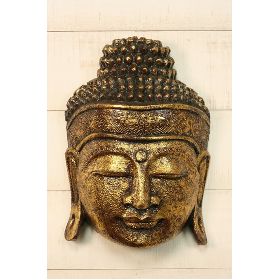 12" Wooden Wall Mask Serene Gold Buddha Head Statue Hand Carved Sculpture Handmade Figurine Gift Home Decor Accent Handcrafted Wall Hanging Decoration