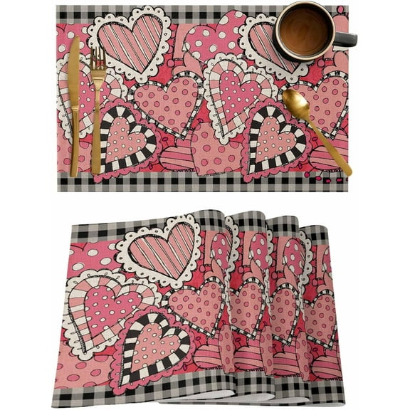 Placemats Set of 6, Valentine''s Day Pink Love Splicing Hearts Black and White Plaid Kitchen Table Placemats,Non Slip Washable Dining Table Mats Set for Wedding Holiday Party Decoration