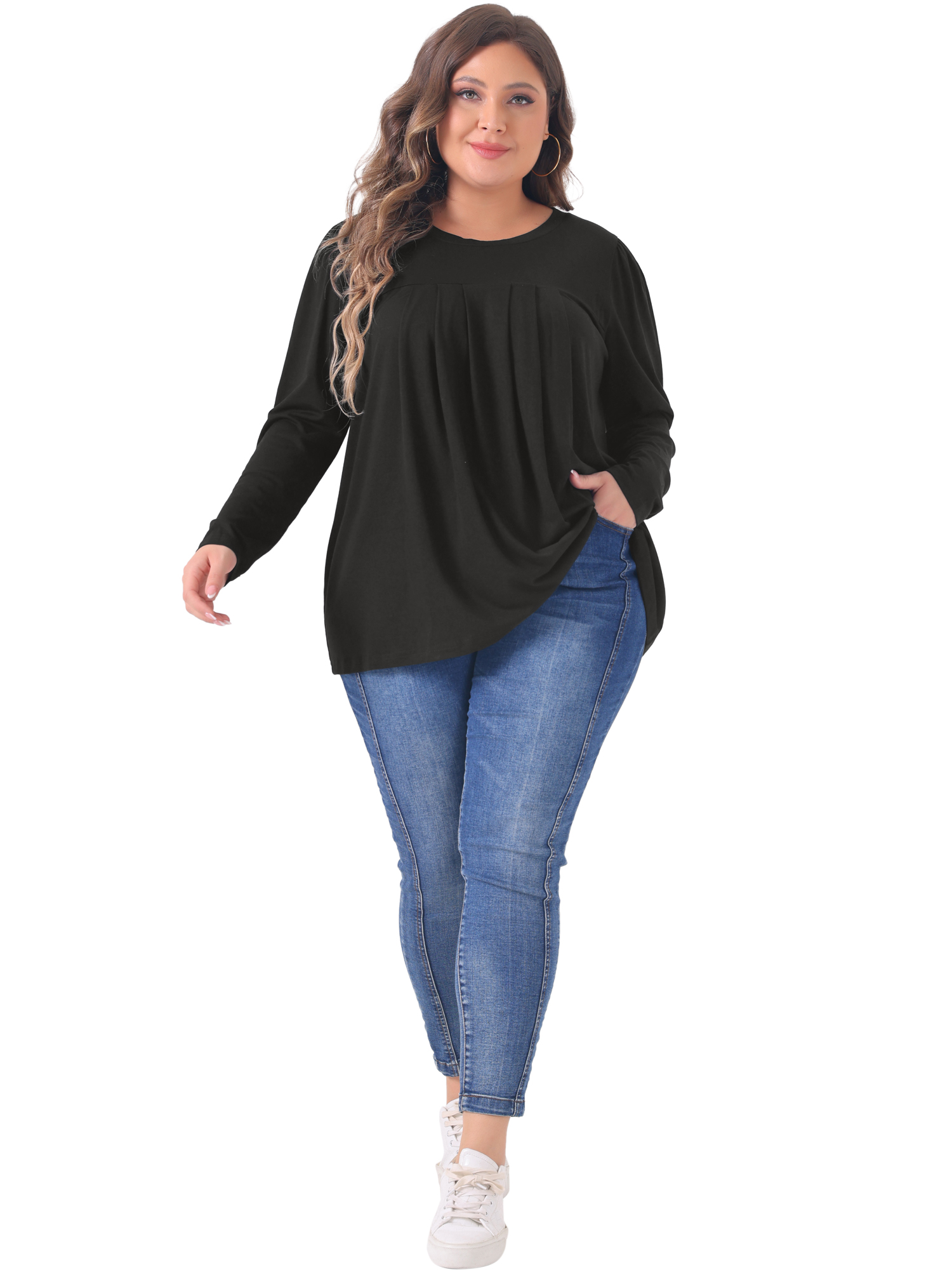 DARING DIVA Women's Plus Long Sleeve Pleated Crew Neck Blouse 1X Black