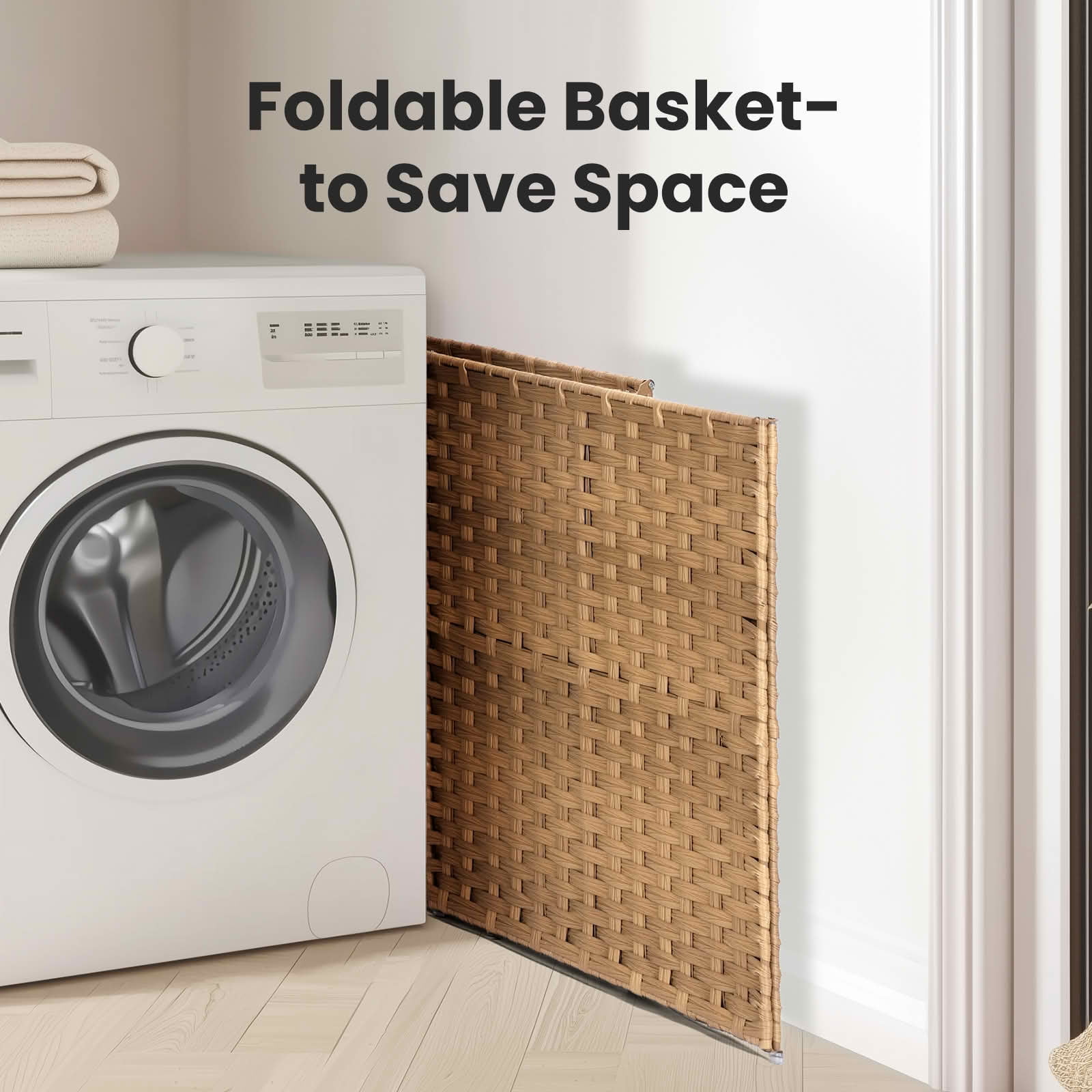 MAYEERTY 110L Hand-Woven PP Rattan Laundry Basket with Lid, Foldable with Compartments Handles