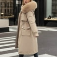 thumbnail image 5 of Jinhomg Womens Trendy Long Down Coat Plus Size Comfy Faux Fur Hooded Puffer Jacket Heavyweight Warm Double Closure Drawstring Waist Outerwear with Pockets Summer Saving Khaki XXXL, 5 of 7