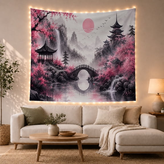 Japanese Anime Cherry Blossom Mountain & Bridge Scene Serene Watercolor Style for Anime Art Lovers, Asian Nature Decor Housewarming Gift Tapestry Wall Hanging for Living Room, Bedroom and Dorm
