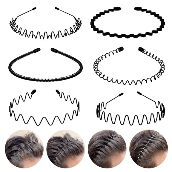 TUWAFE 6Pcs Metal Hair Bands,Spring Wavy Hoop Unisex Black Headband Slicked Back Non Slip Sports Hairband for Women Men… Headband with Clips