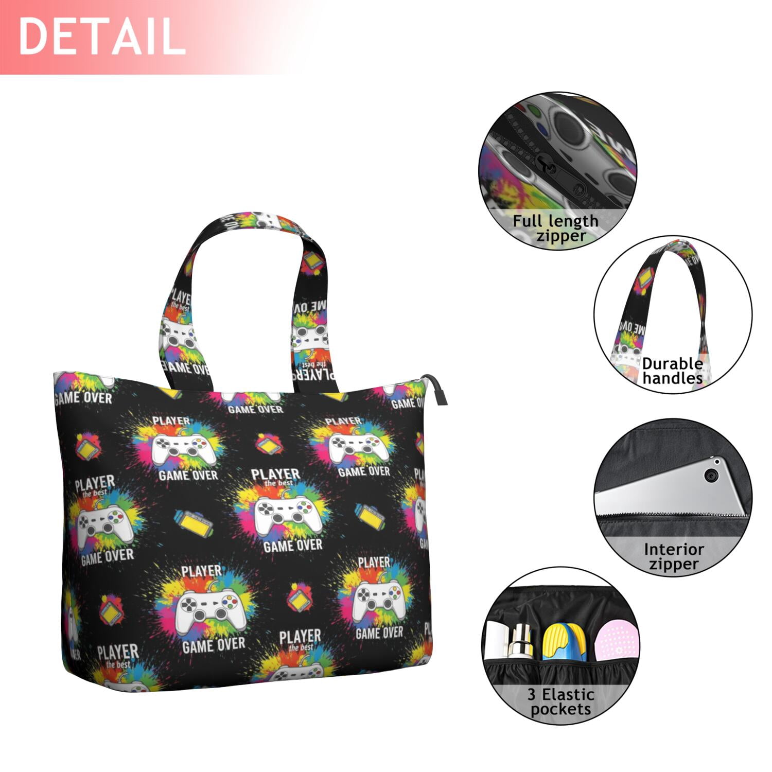 Colorful Controllers Games Symbols Black Pattern Travel Tote Bags for Women Carry On,Large Weekender Bags for Women Travel,Multi Functional Duffle Bag for Work,Shopping,Sports