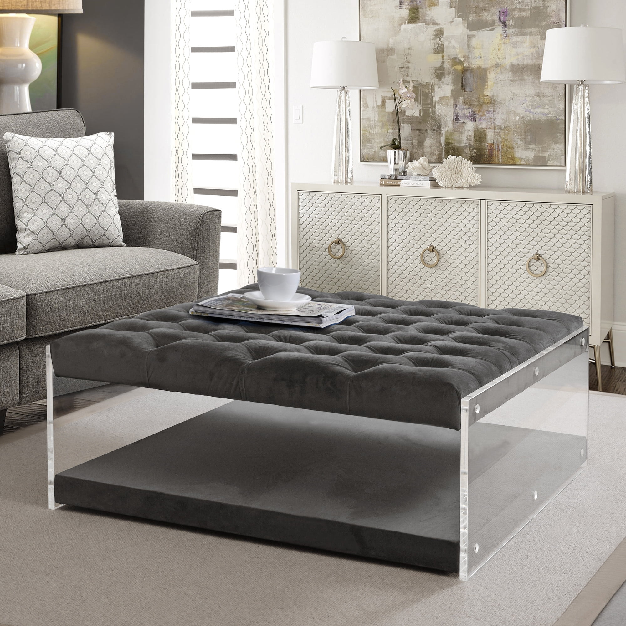 Inspired Home Anupi Velvet Ottoman Cocktail Coffee Table Tufted Acrylic