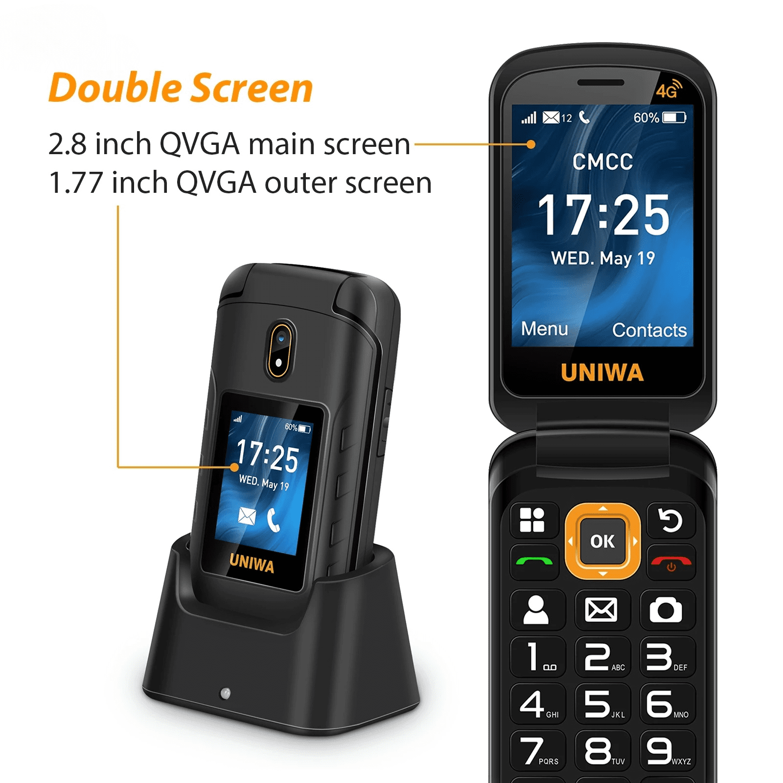 UNIWA V909T Dual Screen 2.8inches 4G Flip Cellphone Big Push-Button 2250mAh FM Radio Feature Phone for Elderly
