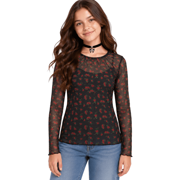 Forever 21 Girls Mesh Top Two-Fer Long Sleeve Shirt with Built-In Camisole and Velvet Charm Choker