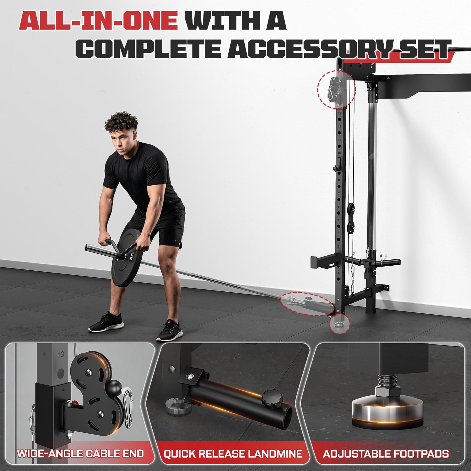 Wall Mounted Folding Squat Rack,1200 LBS Power Rack with Dual Independent Pulley System, 5 Adjustable Modes, Functional Trainer for Space Saving Home Gym with 1000 LB Weight Bench and Barbell ,Black