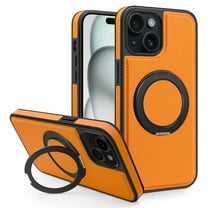 for iPhone 15 Case, Slim Fit Premium PU Leather [Compatible with MagSafe] [360° Rotatable Ring Kickstand] Shockproof Protective Cover for iPhone 15 Phone Case Magnetic, Orange