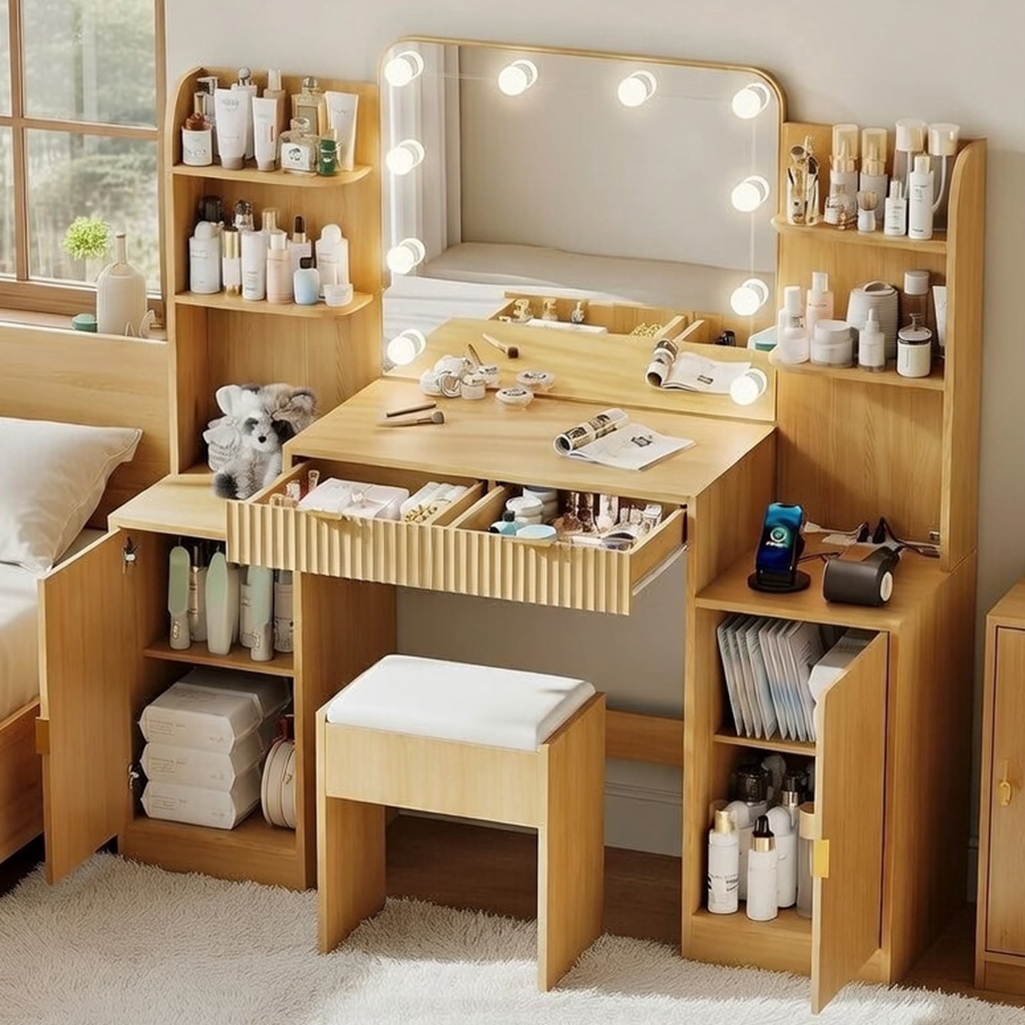 53" Makeup Vanity Set with Mirror and Lights, NEORIVER Big Brown Makeup Vanity Desk with Chair and Power Outlet, 3 Color Lighting Modes & Adjustable Brightness for Bedroom