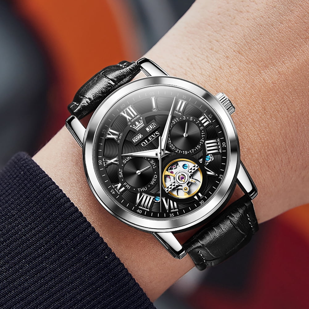 OLEVS Automatic Watches for Men Self Winding Mechanical Skeleton Flywheel Multifunction Luxury Dress Roma Rumerals Calendar Waterproof Luminous Men Wrist Watches Leather