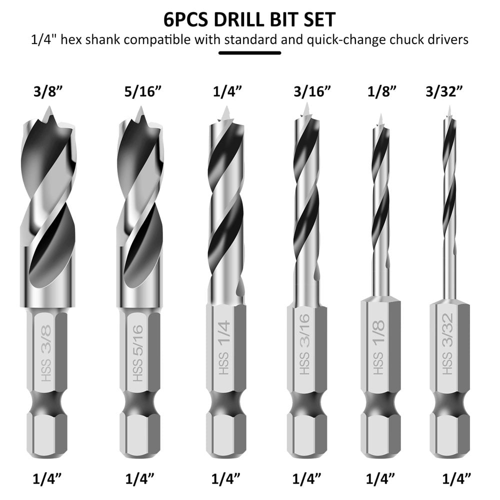 Bestgle 6-Piece Brad Point Drill Bit Set – 1/4" Hex Shank HSS Spiral Bits For Wood, MDF, Acrylic – Sizes 3/32" To 3/8" With Storage Case