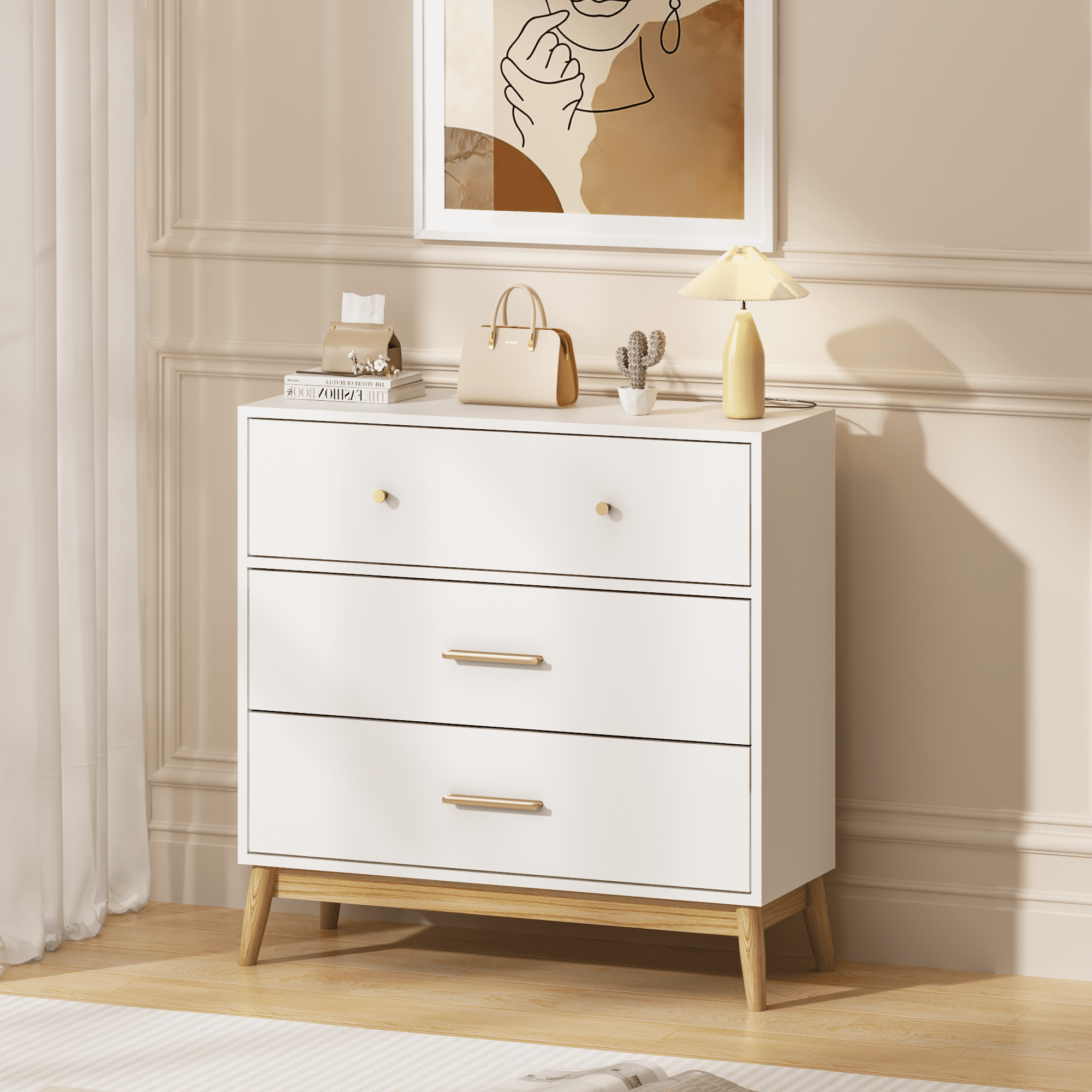TrumanPick Nordic 3-Drawer White Dresser with Rose Gold Handles & Solid Wood Base - Small Space Storage