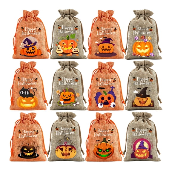 12Pc Clearance Under $5 Halloween Candy Bags Candy Bag For Party, Cloth 12-Pack Jute Candy Bags Orange